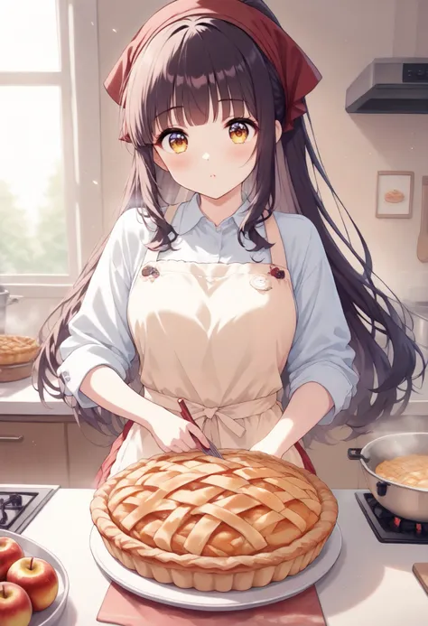 hifumi takimoto, solo, 1girl, apron, cooking, kitchen, (smiling:0.5),,
(apple pie), delicious food, beautiful food,,
looking at viewer,, 2D, anime style, anime coloring,,masterpiece, best quality, absurdres, very aesthetic