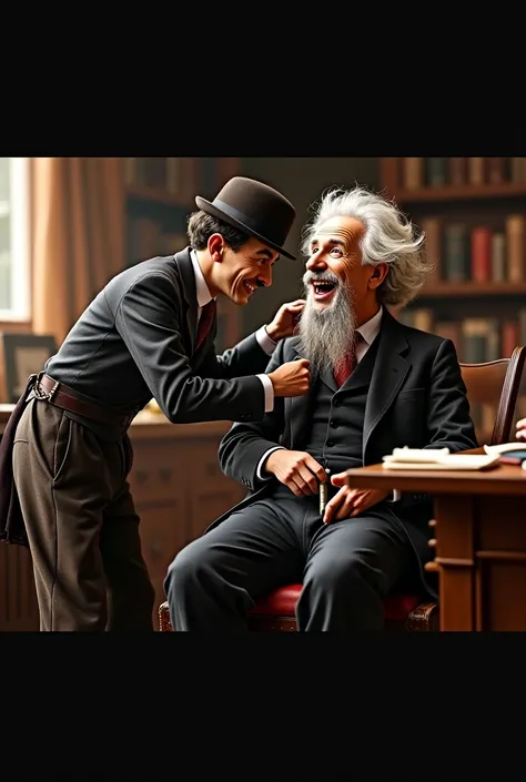 Charlin Chaplin cutting Albert Einstein's beard