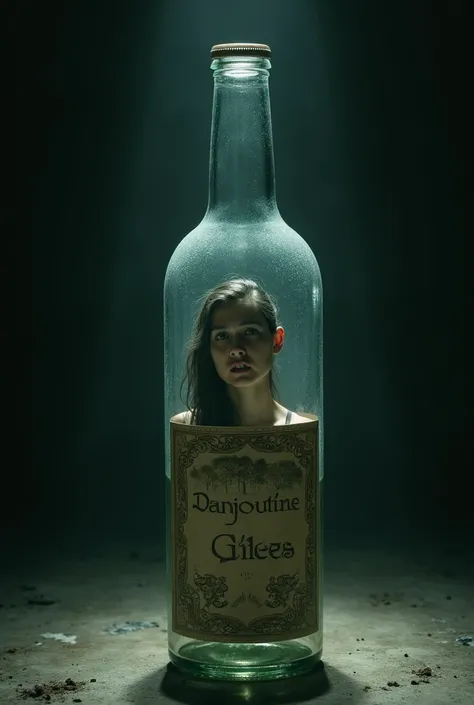 a person trapped inside a glass bottle, the bottle has a label