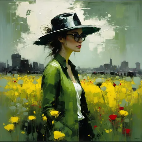 ABSTRACT painting, PLAY OF COLOR, GREEN, YELLOW, RED, GRAY OCHRE AND BLACK...A GIRL WITH A HAT WITH GLASSES...FIELD OF FLOWERS,, VILRLO IN THE BACKGROUND... SINGLE HAND.....jeremy mann style , jeremy mann art, jeremy mann painting, alessandro pautasso art,...