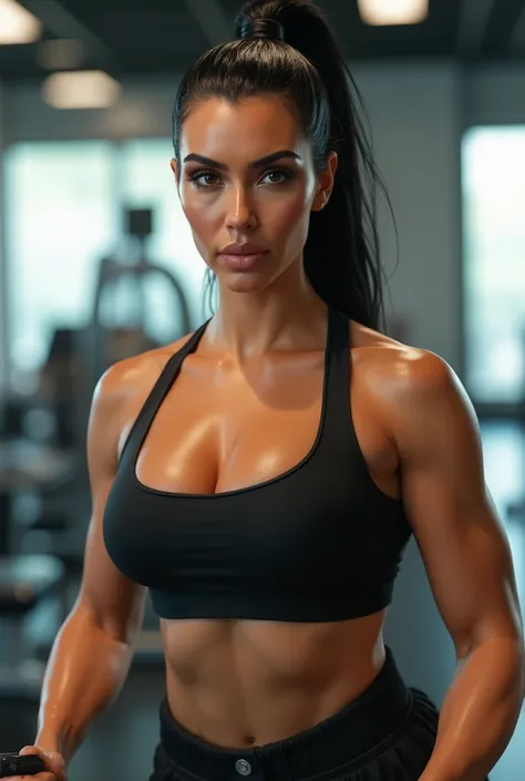 Kim Kardashian is 40 years old,  in the gym ,pumped up body,big breasts big muscles exercise,hair in a tail,sweaty , bright lighting,