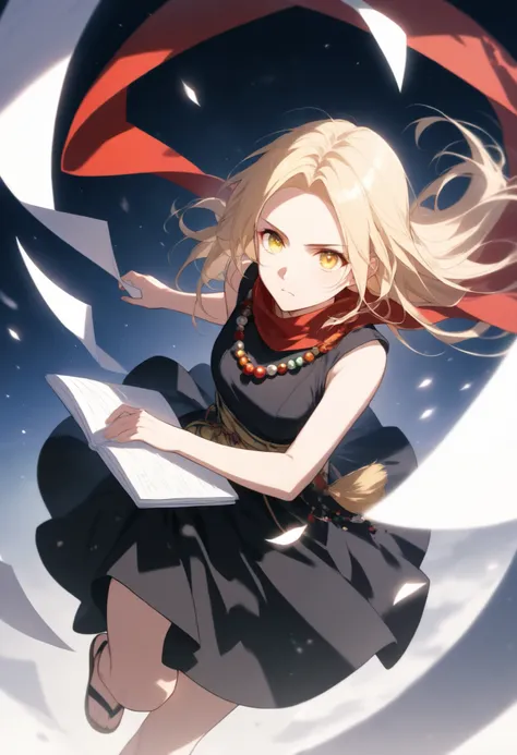 masterpiece, best quality, high quality, anime, solo,
AEAnna, yellow eyes, blonde hair, parted bangs, forehead, bead necklace, black dress, sleeveless dress, sandals, red scarf, 
holding old notebook, flying paper, serious,