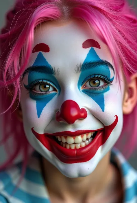 Girl clown makeup,  pink hair, face only, 8K, realistic.