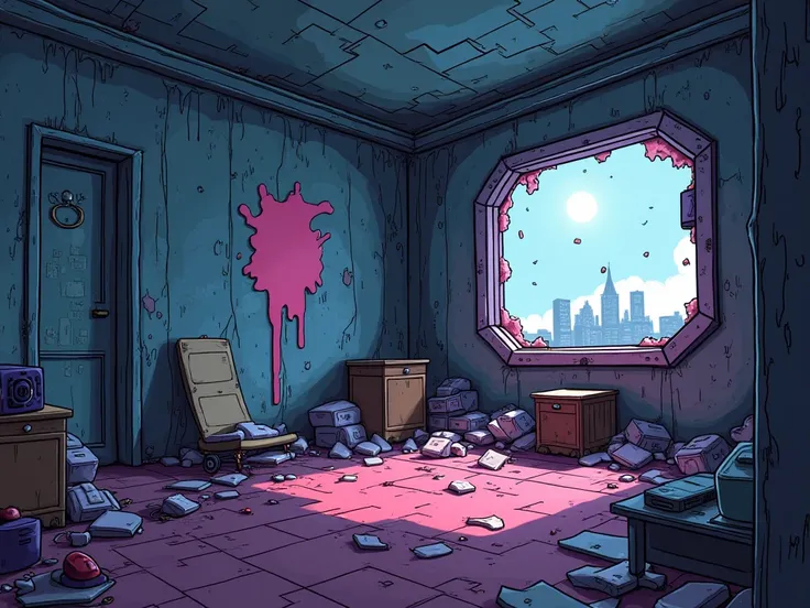 A Cartoon-style illustration of a cyberpunk room, in first person. Some walls are destroyed,  as if something big had knocked them down. There's wreckage and small fire spots and bare wires showing electricity..