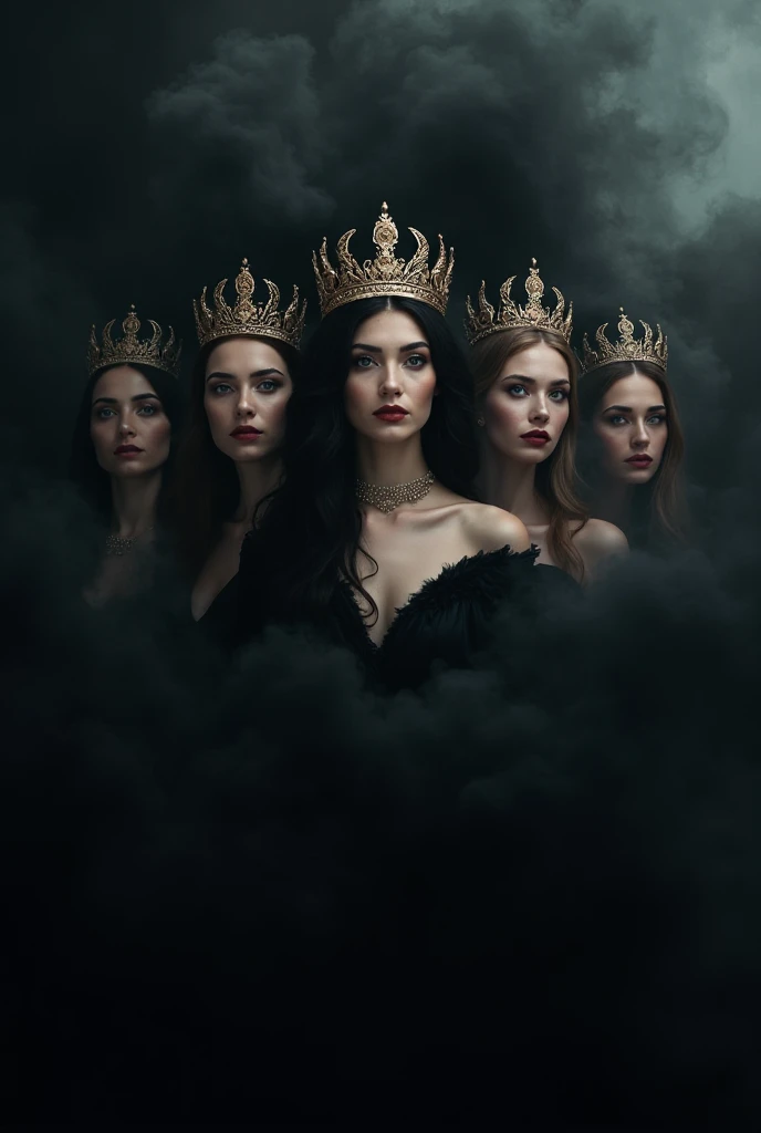 HD wallpapers 5 beautiful women crowned with tex writing "evil quen" on the background of black smoke smoke