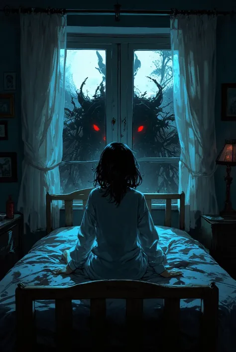 ", , the girl sitting on top    . Bed in pajamas     ,      her posture tense    ,   , , and her eyes bore wide with fear .  ,     she's wary,    , mirrors .  Dark room ,      casts a shadow on the wall     . Through the window     ,     with the black sha...