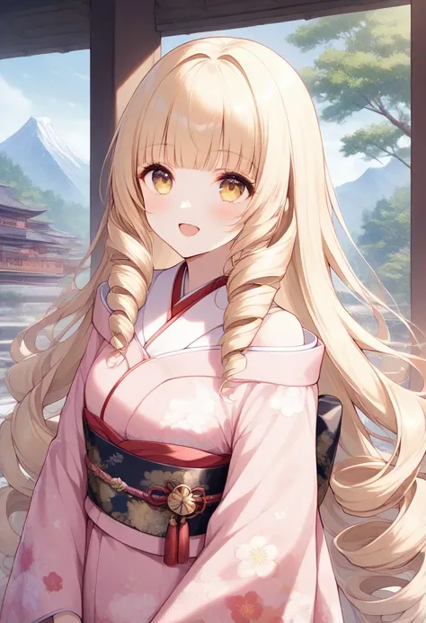 masterpiece, best quality, 1girl, solo, sdoriana, blonde hair, very long hair, drill hair, blunt bangs, yellow eyes, brown eyes, pink kimono, floral print, sash, off-shoulder kimono, happy, open mouth, looking up, looking to the side, mountains, east asian...