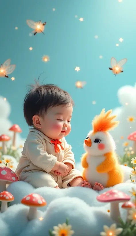 "An adorable Korean baby with pink cheeks, dressed in a cute outfit ,  sitting on a surrounding light blue cloud filled with bright flowers and magic mushrooms.  on its side, a rare cuddly one with colorful feathers.  They are surrounded by little luminous...