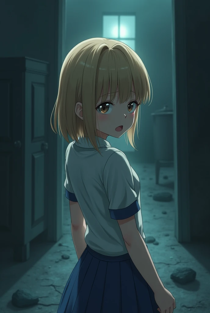 a scared girl, With fear, His look is one of surprise and sadness, Go forward,   turning her back , blonde,  anime-style 