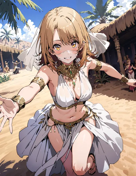 Irohaisshiki, Isshiki Iroha ,  short hair,  brown-haired ,  brown eyes,smile,blush,Bare legs, grin ,Arabian clothing,  dancer, mouth Veil, belly Dancing, Veil,  armlet,  palm tree , Dancing, smile,whole bodyがイラストに入るように,
break outdoors,  desert, oasis,
brea...