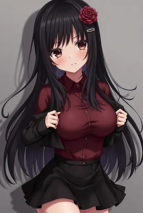 Girl, detailed, dark colors, long black hair with bangs framing her face, fair skin, a one maroon rose accessories on her head, hairclip, hair ornament, a black glove on her left hand, a dark brown eye, a black mini skirt, a maroon colored shirt, breasts, ...