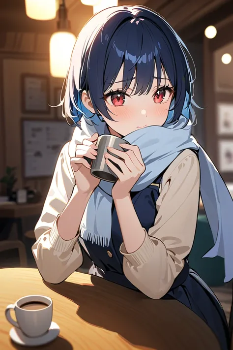 1 girl, masterpiece,  high resolution, accurate,  high detail, 
A blue-haired short-haired high school girl in a stylish café, delicately holding a warm coffee cup with both hands. Her fingers gently wrap around the ceramic mug as she brings it close to he...