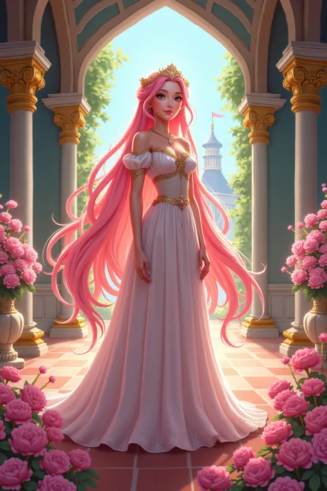 medieval,beautiful princess, royal chambers, long flowing hair pink, flowers, smiling, castle,outdoors, anime artwork style 