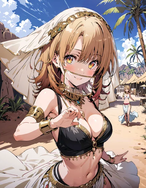 Irohaisshiki, Isshiki Iroha ,  short hair,  brown-haired ,  brown eyes,smile,blush,Bare legs,Medium breast, cleavage,,Arabian clothing,  dancer, mouth Veil, belly Dancing, Veil,  armlet,  palm tree , Dancing, smile,whole bodyがイラストに入るように,
break outdoors,  d...