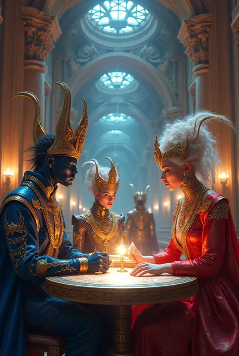 Elegantly dressed blond kings and queens study alongside robots that guard humanity's knowledge.  Vibrant colors reflect in the infinite corridors . Create noble hybrid wizards with flamboyant outfits and lots of jewelry