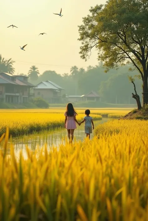 The beautiful girl was playing with her friend in a rice field full of yellow rice, there are several houses on the banks of the river, There is tree, birds and dragonflies,  morning sunlight, good vibes, aesthetic 