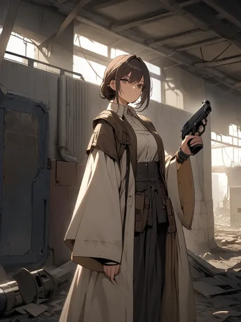  Act as if it were a factory but it's abandoned

In one part there is a woman she has humble clothes, She uses a pistol and is full of defense equipment 