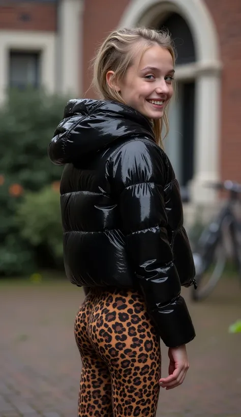 Backside diagonally photo from side behind of a sweaty hot wet cute beautiful darkblonde furtuned dutch spanish italia young posing age femboy wearing black northface shiny pvc puffy cropped short puffer jacket, very short shiny black Big luxurious northfa...