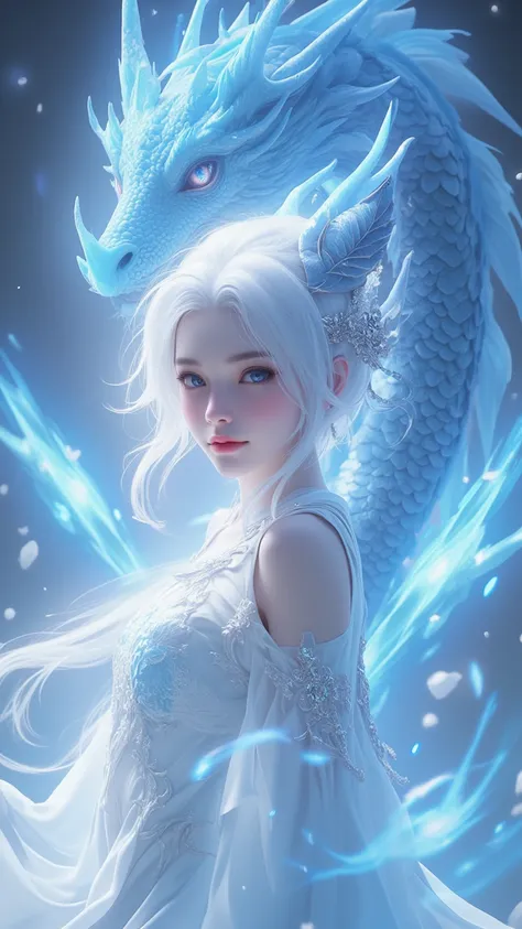 [ girl,white hair ,  A Chinese Dragon  , Head with Blue Scales and Horns  ,  White Chantilly Dress with Ice Crystal Material  ,  Has Exquisite Detail , Blue Flame Effect .  HD Full Body Wallpaper ， Chinese Style Game Illustration & Animation Art Design Sty...