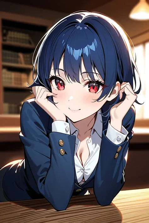 1 girl, masterpiece,  high resolution, accurate,  high detail, 
A blue-haired short-haired high school girl leaning slightly forward on a wooden café table, resting her elbows on the surface as she tilts her head playfully. Her red eyes sparkle with a teas...