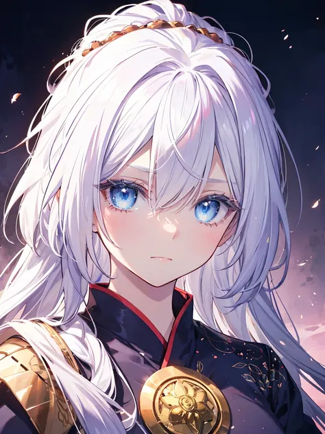 asian mythology, long flowing white hair, blue eyed tinged with a shade of lavender, golden ornaments, face shot, large pleading eyes, glistening and shining eyes, beautiful 