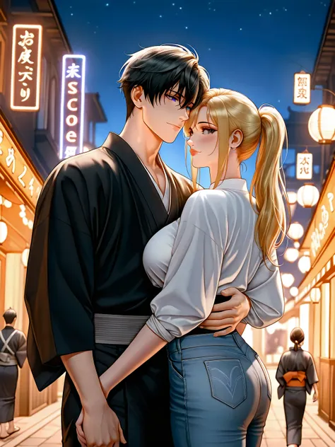 Illustrioussciamano, Masterpiece, best quality, high quality, absurdres BREAK 1woman, 1man, couple. A beautiful and contrasting couple stands against the backdrop of a Japanese street and the night sky. A handsome, relaxed, and young man dressed in a tradi...