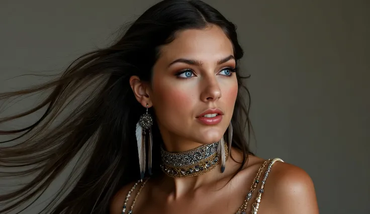 A full body of a beautiful native woman,  deep blue eyes,  pale skin with rosy highlights,  and a textured choker adorned with beads; featuring flowing dark hair, detailed feather ornaments, and a captivatingly stylized expression. Naked. No censure. 