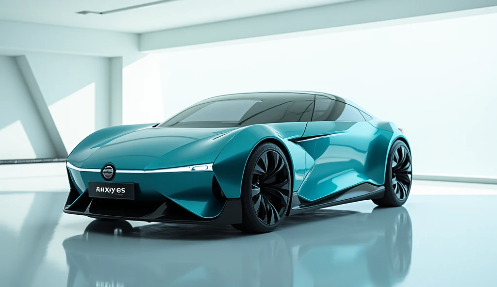 A stunning ultra-realistic rendering of the [Nissan Axxess, a luxurious and futuristic Car.The Classic [aqua] shiny exterior accentuates the sleek aerodynamic design and advanced technology, The license plate area showcases [Nissan Axxess]in a dazzling, sl...