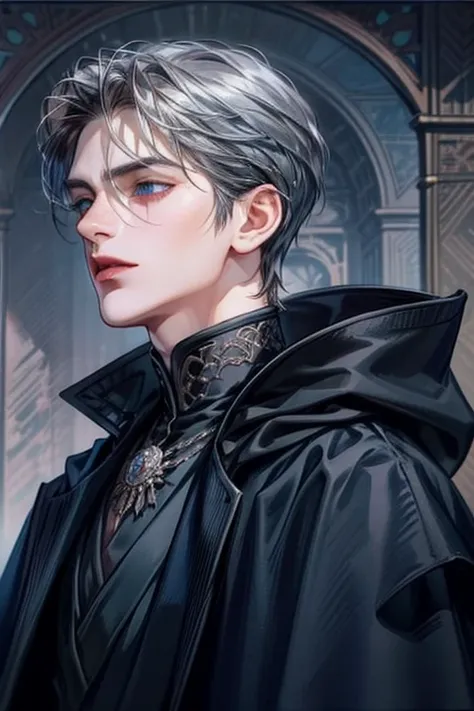 (artist) 1man with cool black hair, blue eyes, pale skin, tired, A handsome male. He is a delicate androgynous prince, He wears a royal coat, black and silver colored clothes. face extremely close up shot. low angle, 19century european royal style clothes ...