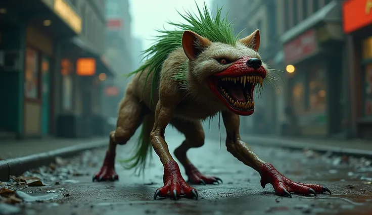 A grotesque fusion of Joker and a hyena, its bloodied fur stretched across an unnaturally long grin. Its elongated limbs twitch with unsettling energy, its guttural laughter echoing through the city’s empty streets.