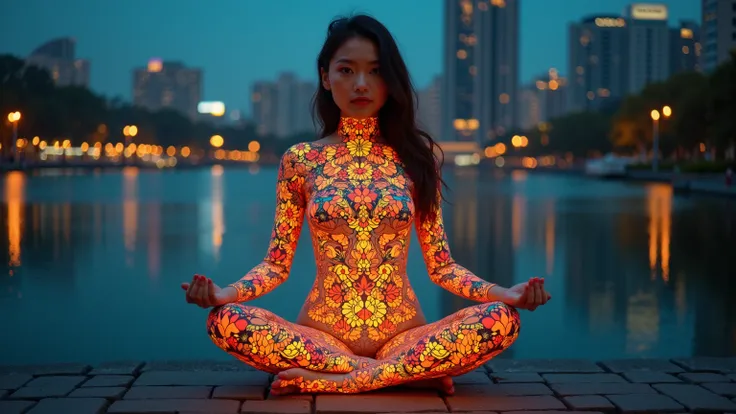 Lotus Position how to sit cross-legged
A young Asian woman in her mid-twenties 、 projecting a 、 The focus is on the pattern on her skin 。She is naked、 background shows a blurry cityscape at dusk 。
 pattern is complicated, 、 floral and geometric patterns ar...