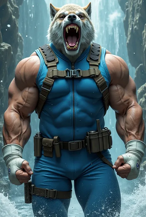 (A rugged beefy extremely muscular bulky old man), (wearing blue zipper wetsuit), (wearing realistic roaring wolf mask), raising fists,  wearing bulky harness, wearing bulky scuba gear, muscular physique, toned muscles, fierce, heroic, action, comic artsty...