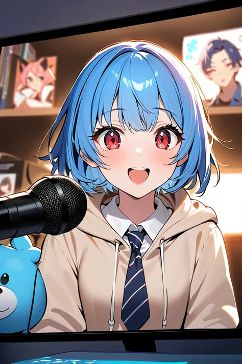 1 girl, masterpiece,  high resolution, accurate,  high detail, 
"A blue-haired, short-haired high school girl with striking red eyes sitting in her cozy bedroom, live streaming on her computer. She wears a casual yet cute outfit, such as an oversized hoodi...