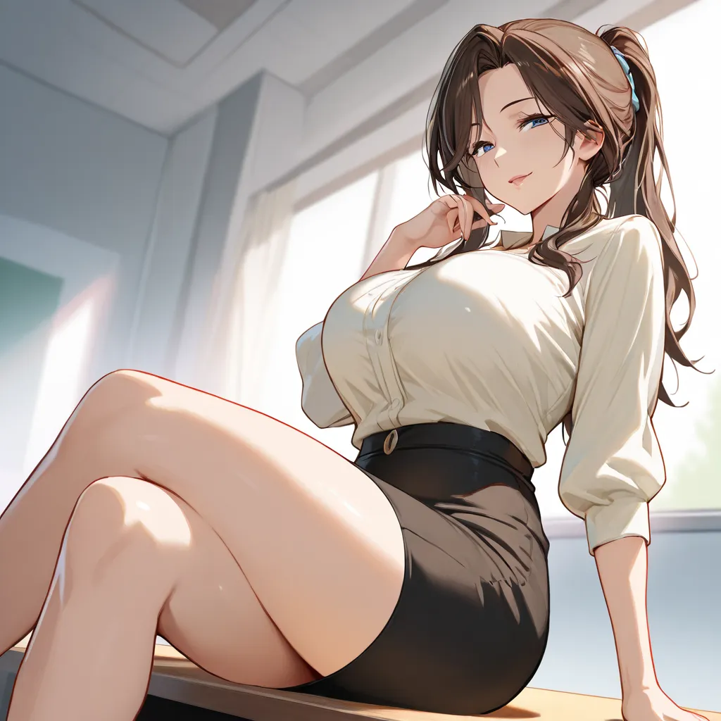 happy. solo, 1 mature woman. ((deep blue eyes)), dark brown long hair. ponytail, dressed in a teacher's outfit: coat, white blouse and black pencil skirt. at the front of the class sitting on the edge of the desk. great body, cross legs seductive