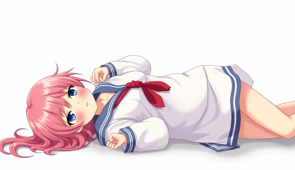 anime girl, full-body shot, lying on her back, pink long hair spread out, blue eyes, blushing intensely, slightly covering her face with one hand, embarrassed expression, looking upwards, lost in thought, wearing an oversized traditional Japanese sailor un...