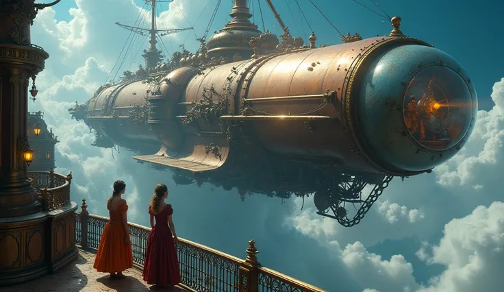 A colossal steampunk spaceship, brass and copper gleaming, soars through a cosmos of deep blue, its riveted metal plates and glowing lanterns contrasting with clouds of white steam.  The ship's intricate gears and pistons are visible, alongside rotating pr...