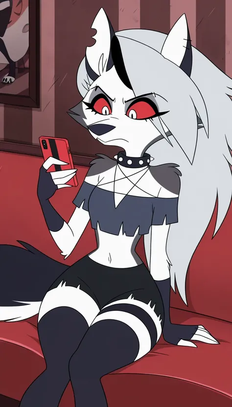 anime screencap, absurdres, high quality, official style, 1girl, solo, loona \(helluva boss\), loona, long hair, red eyes, animal ears, collarbone, tail, grey hair, wolf ears, claws, wolf tail, furry, colored sclera, furry female, wolf girl, body fur, whit...