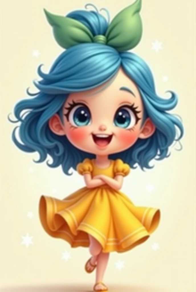  An adorable looking humanoid girl stylized in a cute cartoon format,  inspired by the Disney aesthetic .  Her head is larger in proportion to her body ,  reinforcing her charismatic and charming appearance .

 She has vibrant and voluminous blue hair , sl...