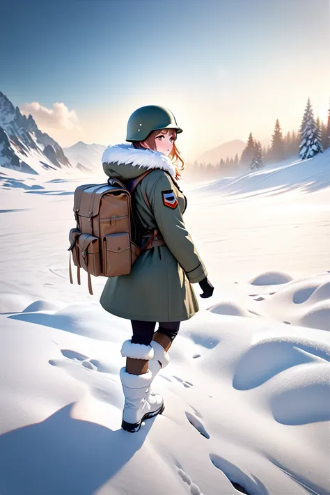  Lonely German Female Soldier Walking on a Snowy Winter Battlefield,  Old German Army Winter Camouflage Helmet 、 Old German Army Winter Military Uniform 、 Wears thick, hooded warm gear with bushy fur、White Snow Boots 、 Large White Military Backpack 、 Beaut...