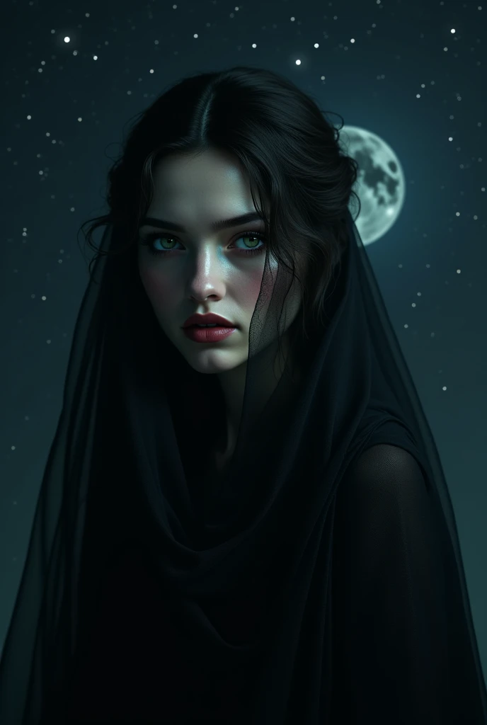 A woman under the moonlight with a black veil that hides half of her face, You can only see their grey-green eyes 