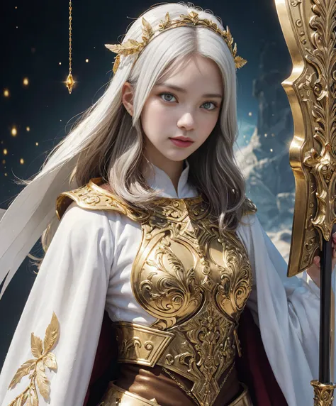 A pious lady beauty girl,(White straight rong hair),(glowing gold eyes),(wearing Whitegold spellsword armor and Intricate gold and feather and crystal headdress on her head and White cloak 1.5),(glowing sword in her hand 1.5 ),( serious 1.2),flash effect, ...