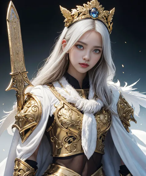 A pious lady beauty girl,(White straight rong hair),(glowing gold eyes),(wearing Whitegold spellsword armor and Intricate gold and feather and crystal headdress on her head and White cloak 1.5),(glowing sword in her hand 1.5 ),( serious 1.2),flash effect, ...