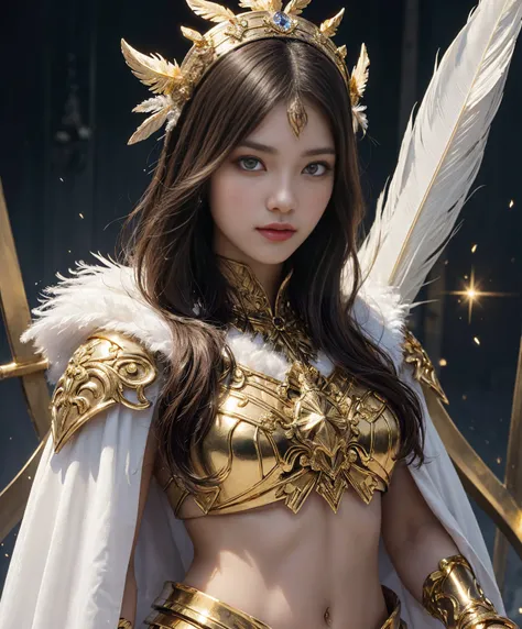 A pious lady beauty girl,(White straight rong hair),(glowing gold eyes),(wearing Whitegold spellsword armor and Intricate gold and feather and crystal headdress on her head and White cloak 1.5),(glowing sword in her hand 1.5 ),( serious 1.2),flash effect, ...