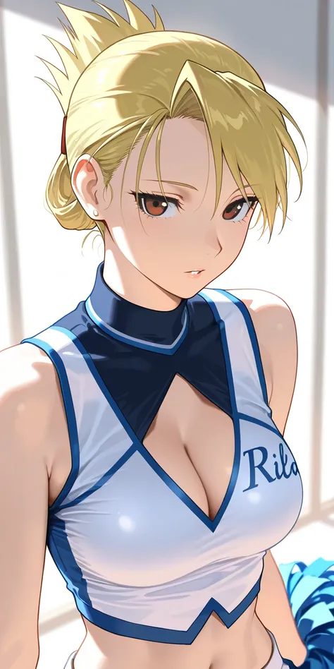 Masterpiece, elegant mature woman, riza hawkeye, updo hair, tall body, slim, cheerleader uniform, white color sports shoes, medium breast, cleavage, upper body, parted lips, dynamic lighting, ultra detailed, highres, absurdres, home, fullmetal alchemist an...