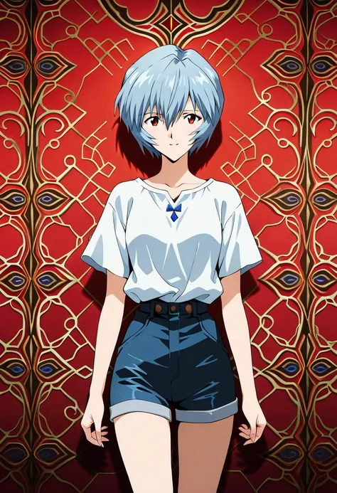 masterpiece,best quality,official art,wallpaper,absurdres, beautiful detailed face,detailed texture,detailed skin,anime style,BREAK 1girl,neon genesis evangelion,sourc_neon genesis evangelion,rei ayanami, blue short hair,bangs between eyes,red eyes, shirt,...