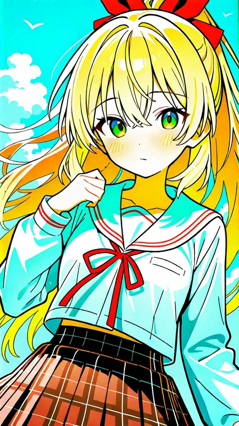 
 The image shows a close up of a female anime character with blond hair tied in two tall bows.  He has green eyes and a serious expression.  she wears a Japanese school uniform ,  consisting of a white shirt with a red ribbon and a plaid skirt . The color...