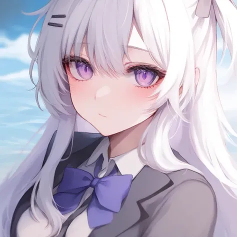 a white-haired girl with a light blue tuft with purple eyes
