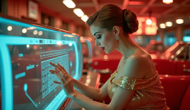 1950s, 1950s style,  Beautiful woman dressed in a metallic gold dress ,  red lipstick and eye makeup ,  Spy interacts with a holographic computer terminal , downloading secret data .  Vibrant lights and retro-futuristic details surround the scene."
,  brig...