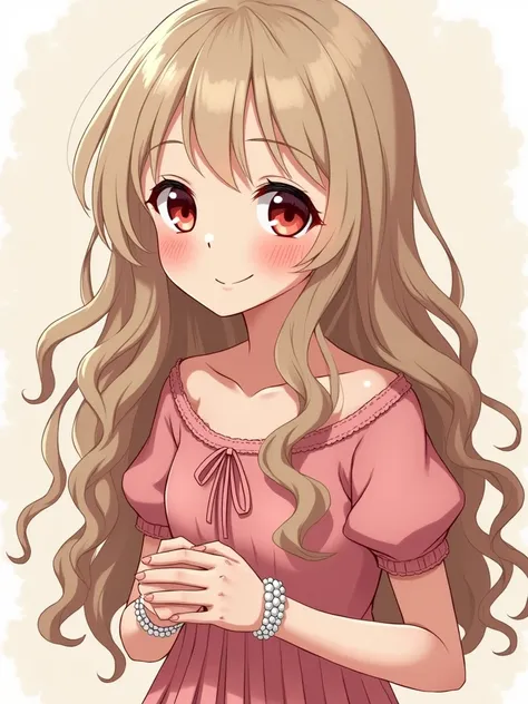 Young anime teen curly long hair, ash blonde .  round eyes, crimson color,  long eyelashes. pale skin,  freckles on the cheeks,   smiling,  her pink cheeks ,  wearing a pink pleated dress, together with some pearl bracelets 