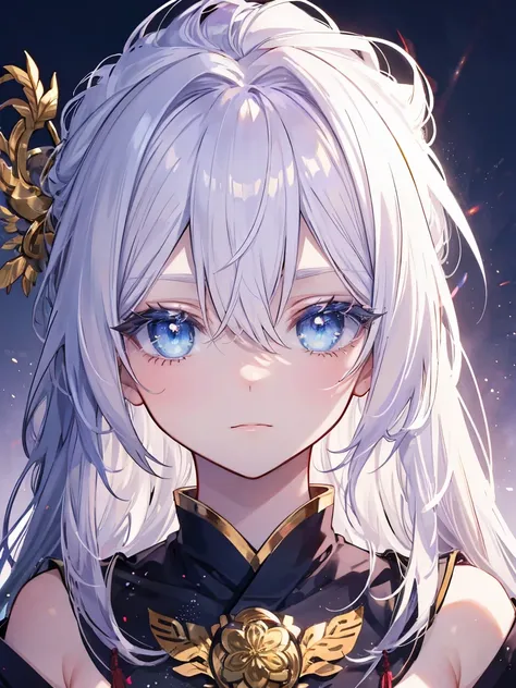 asian mythology, long flowing white hair, blue eyed tinged with a shade of lavender, golden ornaments, large pleading eyes, glistening and shining eyes, beautiful, portrait